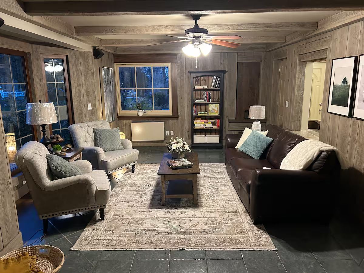 Studio living room with leather sofa